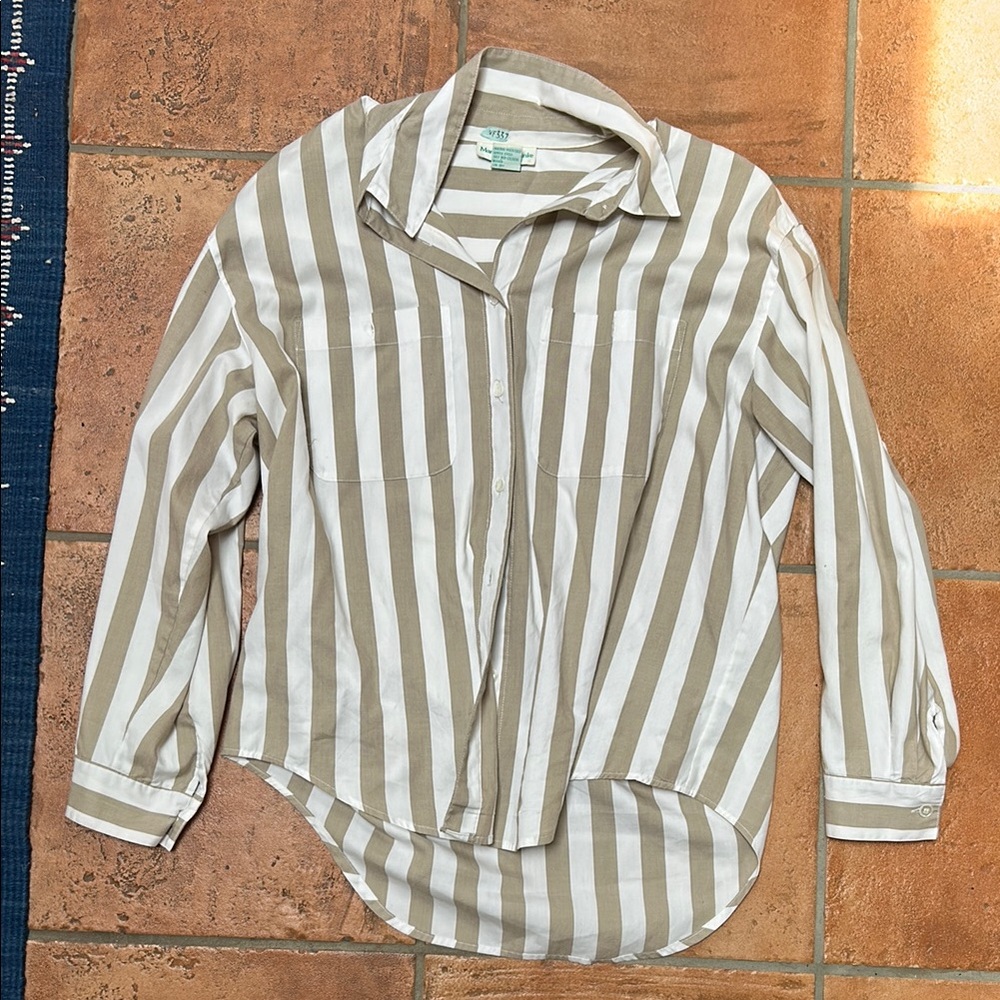 Tan and White Striped Button Down Shirt